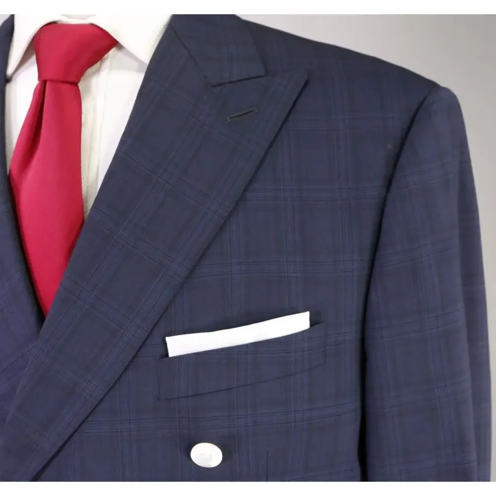 Peter Millar Navy Blue Black Plaid Check Black Double Breasted Wool Suit 44R
